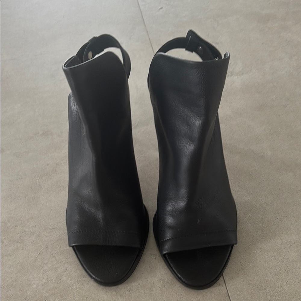 VINCE Black Leather Open-Toe Ankle Boots